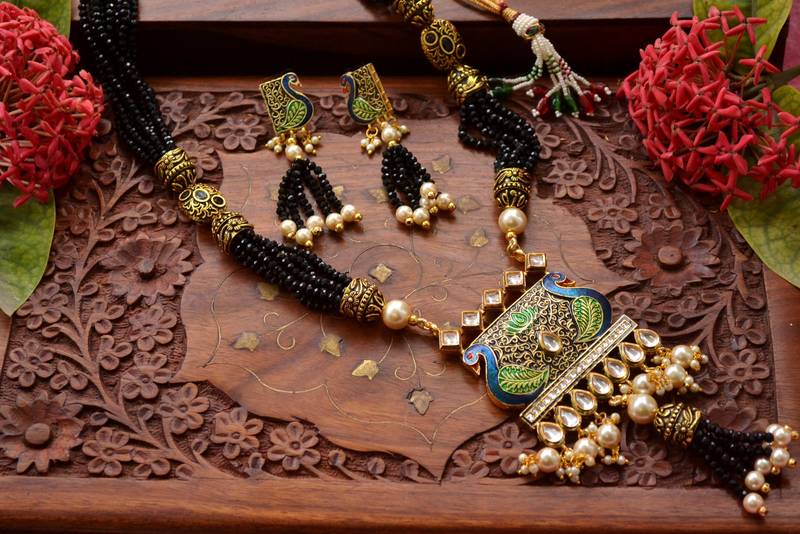 Designer Floral Peacock Meenakari Kundan Studed Onyx Stone Multilayer Necklace Set with Earrings