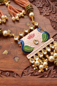 Designer Floral Peacock Meenakari Kundan Studed Onyx Stone Multilayer Necklace Set with Earrings