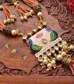 Designer Floral Peacock Meenakari Kundan Studed Onyx Stone Multilayer Necklace Set with Earrings