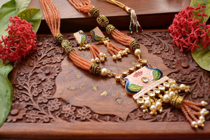 Designer Floral Peacock Meenakari Kundan Studed Onyx Stone Multilayer Necklace Set with Earrings