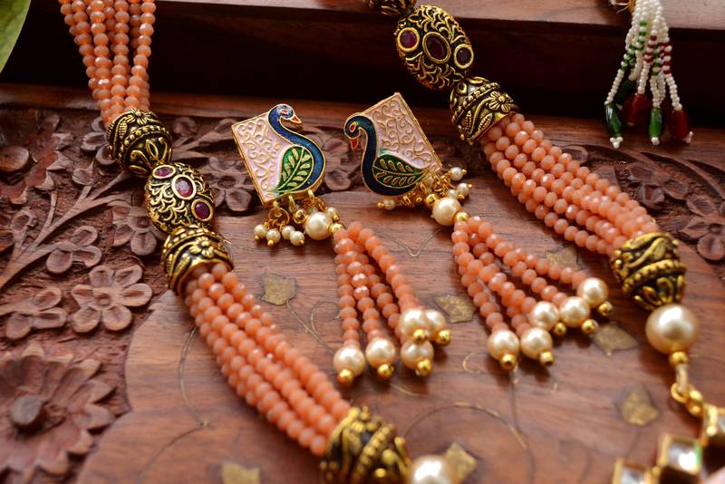 Designer Floral Peacock Meenakari Kundan Studed Onyx Stone Multilayer Necklace Set with Earrings