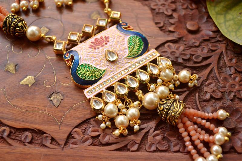 Designer Floral Peacock Meenakari Kundan Studed Onyx Stone Multilayer Necklace Set with Earrings