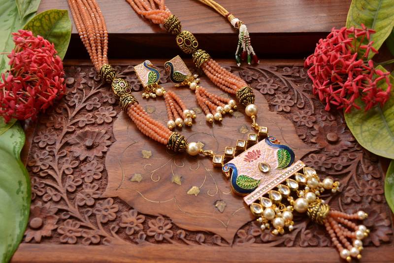 Designer Floral Peacock Meenakari Kundan Studed Onyx Stone Multilayer Necklace Set with Earrings