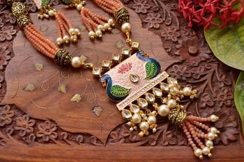 Designer Floral Peacock Meenakari Kundan Studed Onyx Stone Multilayer Necklace Set with Earrings 1
