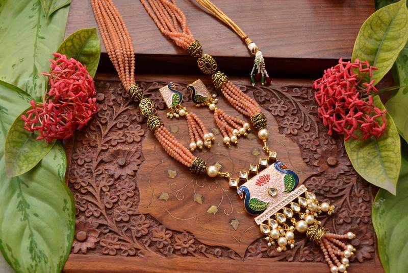 Designer Floral Peacock Meenakari Kundan Studed Onyx Stone Multilayer Necklace Set with Earrings