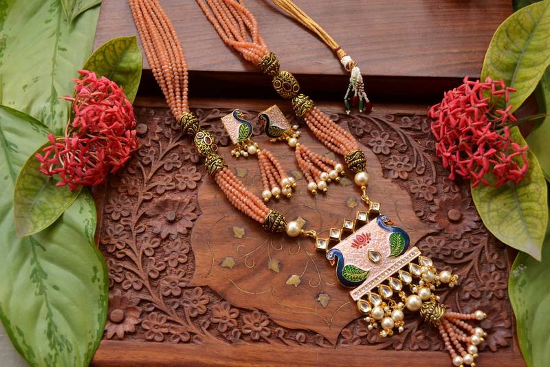Designer Floral Peacock Meenakari Kundan Studed Onyx Stone Multilayer Necklace Set with Earrings