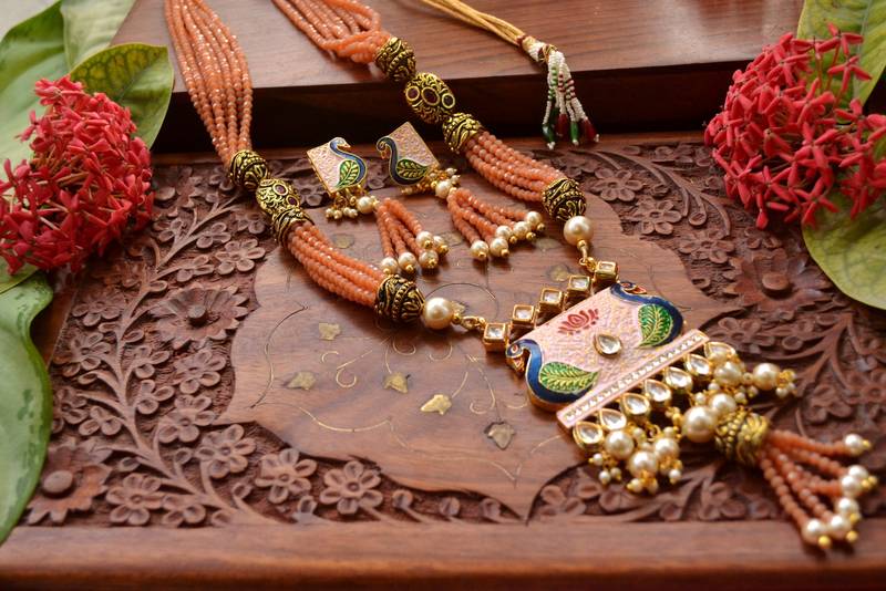 Designer Floral Peacock Meenakari Kundan Studed Onyx Stone Multilayer Necklace Set with Earrings