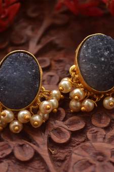 Designer Druzzy Semi Precious Stone Party Wear Studs Earrings with Bunched Pearls in Bottom