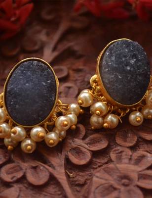 Designer Druzzy Semi Precious Stone Party Wear Studs Earrings with Bunched Pearls in Bottom 1