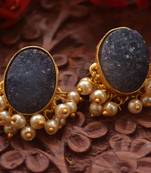 Designer Druzzy Semi Precious Stone Party Wear Studs Earrings with Bunched Pearls in Bottom