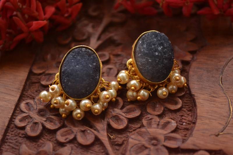 Designer Druzzy Semi Precious Stone Party Wear Studs Earrings with Bunched Pearls in Bottom