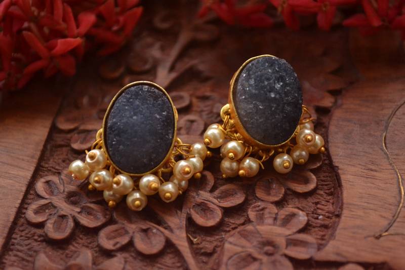 Designer Druzzy Semi Precious Stone Party Wear Studs Earrings with Bunched Pearls in Bottom