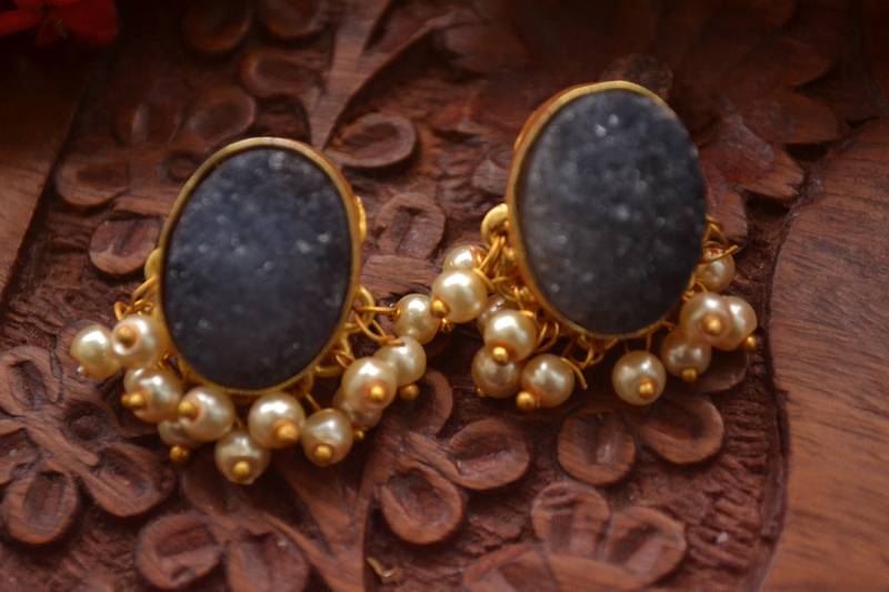 Designer Druzzy Semi Precious Stone Party Wear Studs Earrings with Bunched Pearls in Bottom