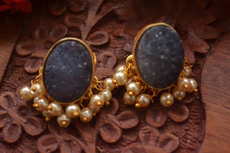 Designer Druzzy Semi Precious Stone Party Wear Studs Earrings with Bunched Pearls in Bottom