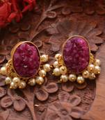 Designer Druzzy Semi Precious Stone Party Wear Studs Earrings with Bunched Pearls in Bottom