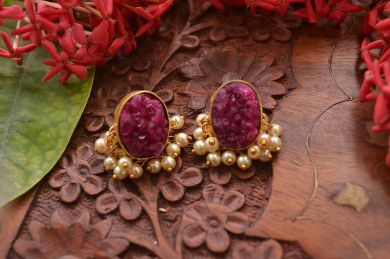 Designer Druzzy Semi Precious Stone Party Wear Studs Earrings with Bunched Pearls in Bottom