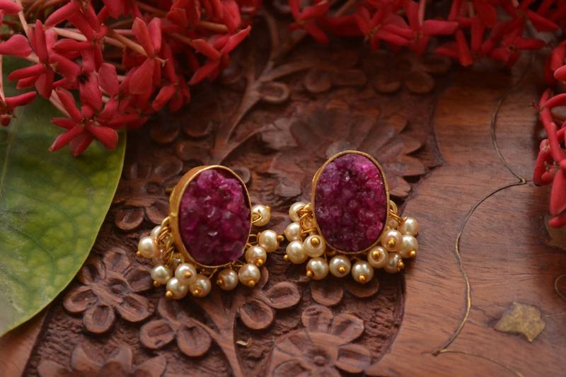 Designer Druzzy Semi Precious Stone Party Wear Studs Earrings with Bunched Pearls in Bottom