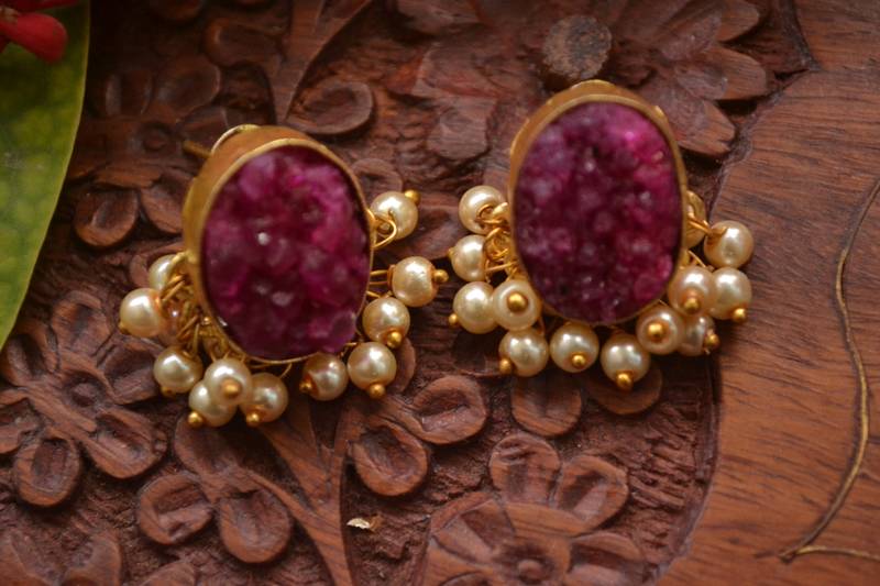 Designer Druzzy Semi Precious Stone Party Wear Studs Earrings with Bunched Pearls in Bottom