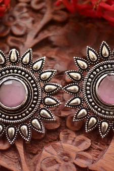 Designer Onyx Stone Silver Plated Oxidised Floral Studs Earrings