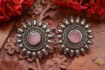 Designer Onyx Stone Silver Plated Oxidised Floral Studs Earrings 1