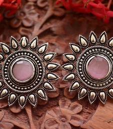 Designer Onyx Stone Silver Plated Oxidised Floral Studs Earrings