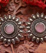 Designer Onyx Stone Silver Plated Oxidised Floral Studs Earrings