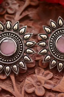 Designer Onyx Stone Silver Plated Oxidised Floral Studs Earrings