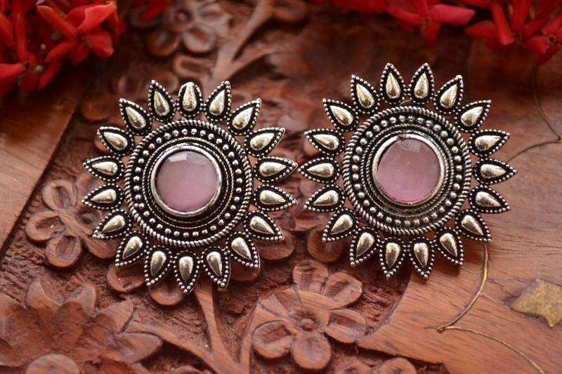 Designer Onyx Stone Silver Plated Oxidised Floral Studs Earrings