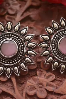 Designer Onyx Stone Silver Plated Oxidised Floral Studs Earrings