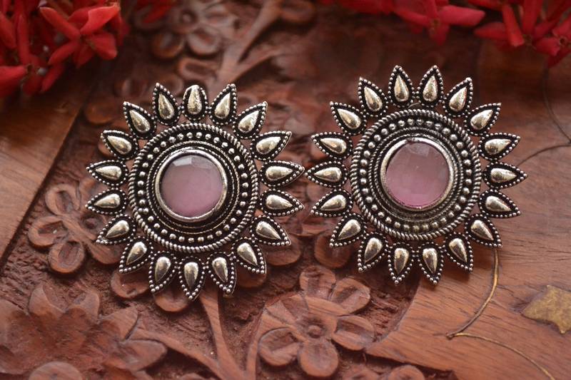 Designer Onyx Stone Silver Plated Oxidised Floral Studs Earrings