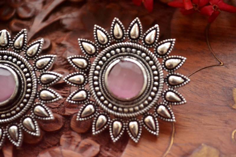 Designer Onyx Stone Silver Plated Oxidised Floral Studs Earrings