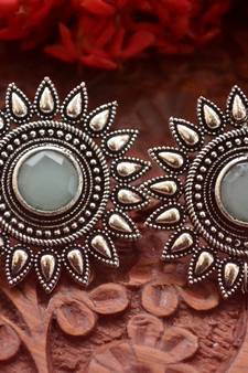 Designer Onyx Stone Silver Plated Oxidised Floral Studs Earrings