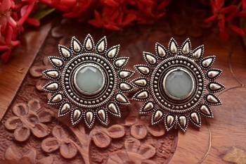 Designer Onyx Stone Silver Plated Oxidised Floral Studs Earrings 1