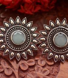 Designer Onyx Stone Silver Plated Oxidised Floral Studs Earrings