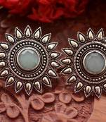 Designer Onyx Stone Silver Plated Oxidised Floral Studs Earrings