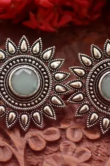 Designer Onyx Stone Silver Plated Oxidised Floral Studs Earrings