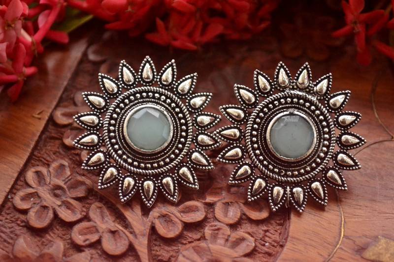 Designer Onyx Stone Silver Plated Oxidised Floral Studs Earrings