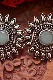 Designer Onyx Stone Silver Plated Oxidised Floral Studs Earrings