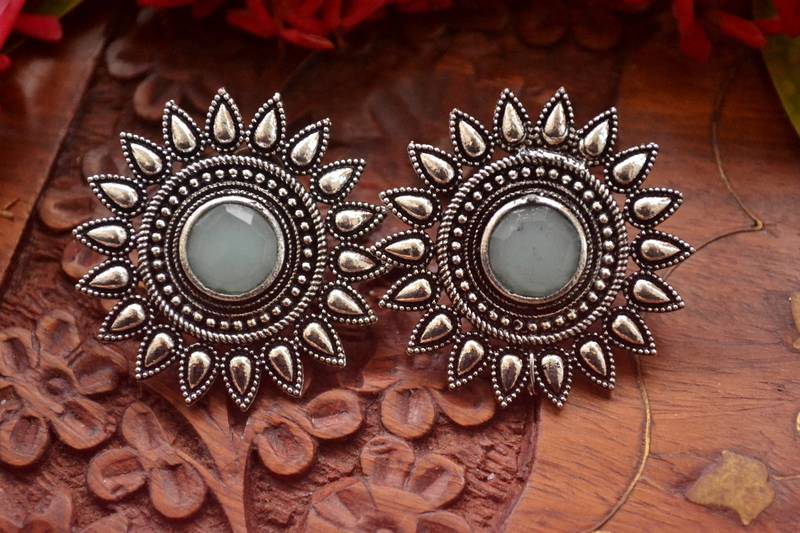 Designer Onyx Stone Silver Plated Oxidised Floral Studs Earrings