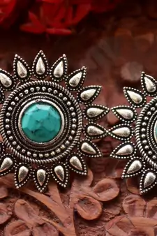 Designer Onyx Stone Silver Plated Oxidised Floral Studs Earrings