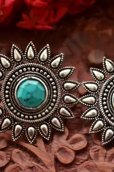 Designer Onyx Stone Silver Plated Oxidised Floral Studs Earrings