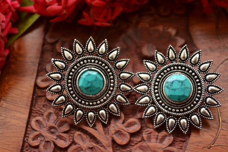 Designer Onyx Stone Silver Plated Oxidised Floral Studs Earrings