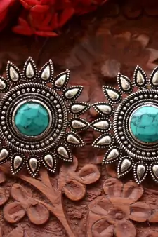 Designer Onyx Stone Silver Plated Oxidised Floral Studs Earrings