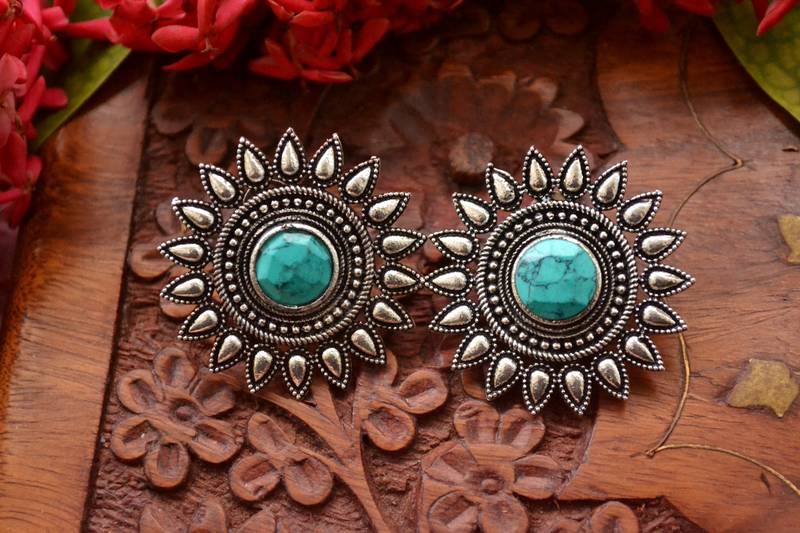 Designer Onyx Stone Silver Plated Oxidised Floral Studs Earrings
