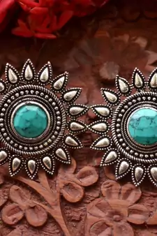 Designer Onyx Stone Silver Plated Oxidised Floral Studs Earrings