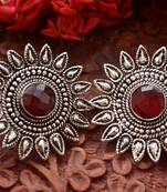 Designer Onyx Stone Silver Plated Oxidised Floral Studs Earrings