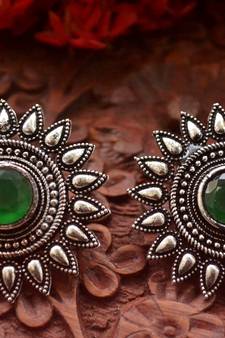 Designer Onyx Stone Silver Plated Oxidised Floral Studs Earrings