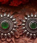 Designer Onyx Stone Silver Plated Oxidised Floral Studs Earrings