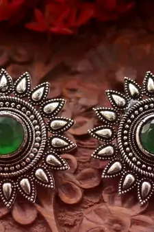 Designer Onyx Stone Silver Plated Oxidised Floral Studs Earrings