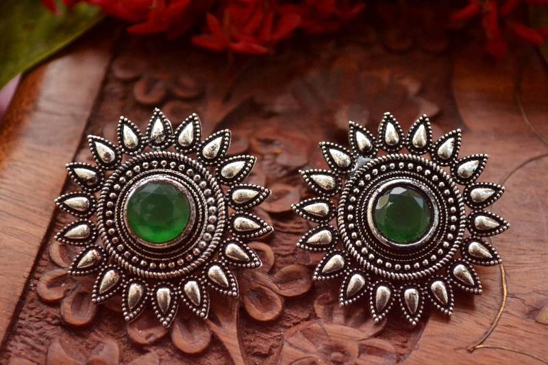 Designer Onyx Stone Silver Plated Oxidised Floral Studs Earrings
